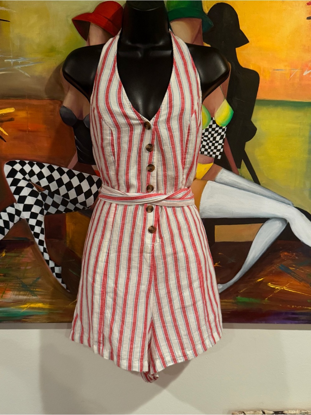 NWT American Eagle Sz.M Striped Linen Blend Halter Romper - Picture 2 of 6